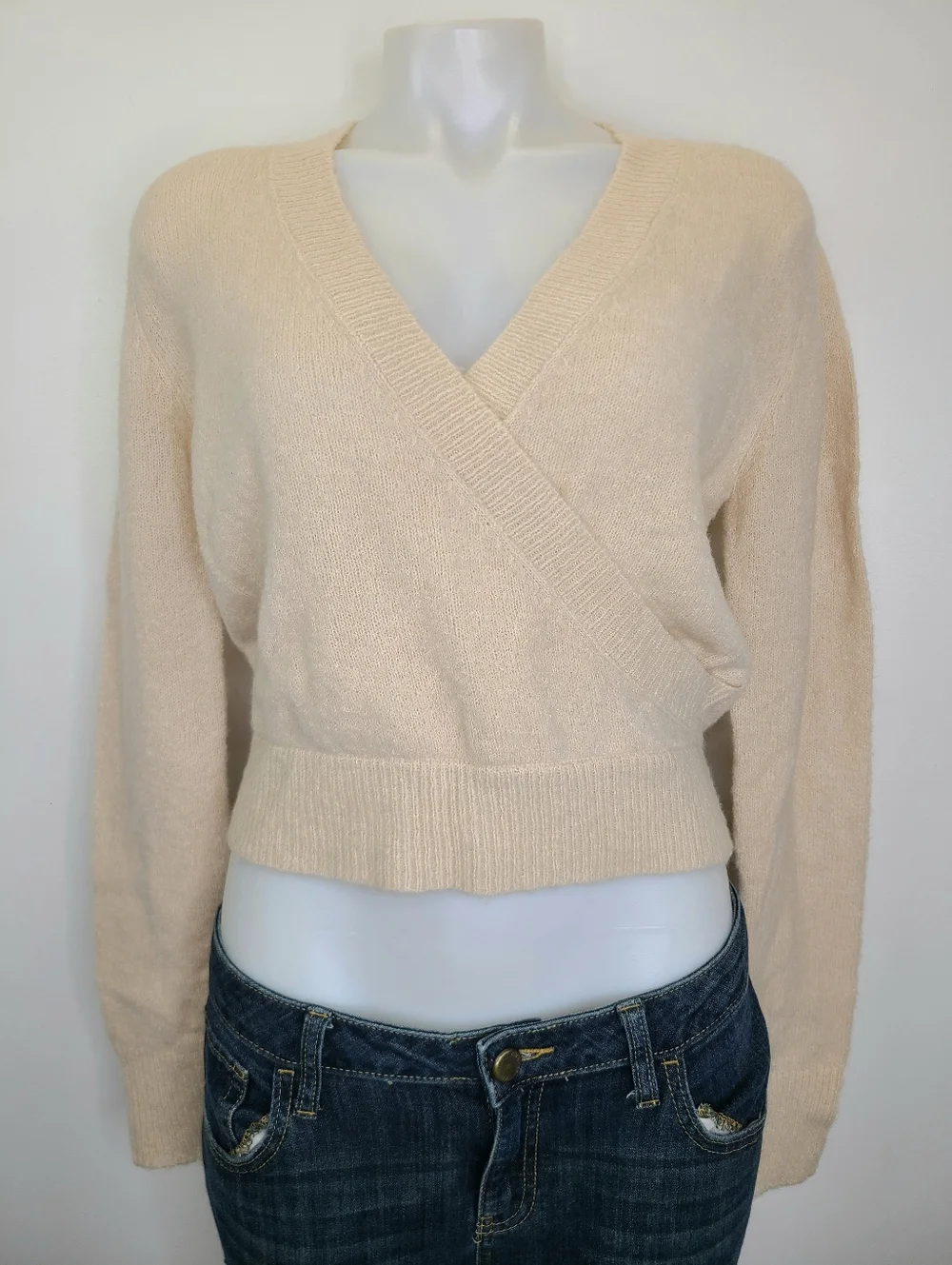 Cotton Candy LA Cream Beige V-Neck Faux Wrap Sweater Small Medium - Picture 3 of 12